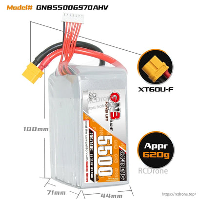 GNB55006S70AHV battery dimensions diagram with XT60U-F connector callout and approx weight 620g