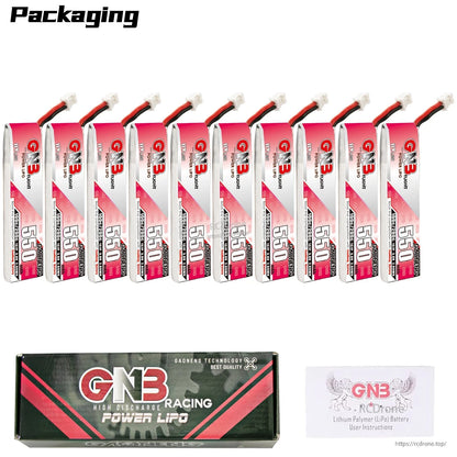 Packaging option: set of 10 GNB 550 LiHV batteries shown with retail box and instruction card
