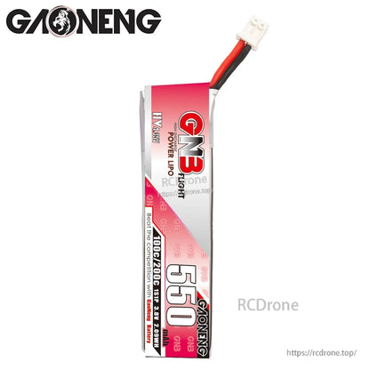 Front label view of GNB 550mAh LiHV 1S battery with red-white wrap and PH2.0 lead