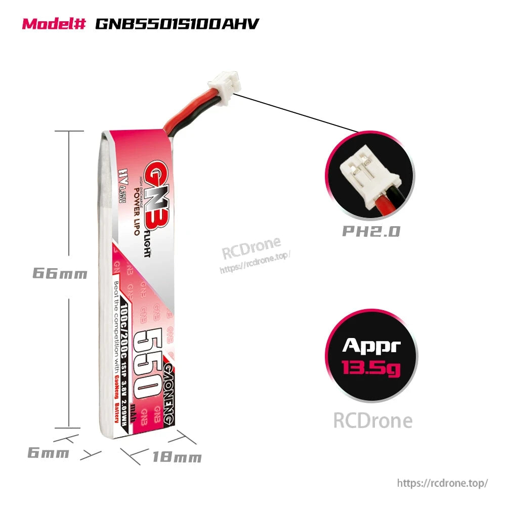 GNB5501S100AHV battery size and weight chart, 66×18×6mm with PH2.0 connector close-up