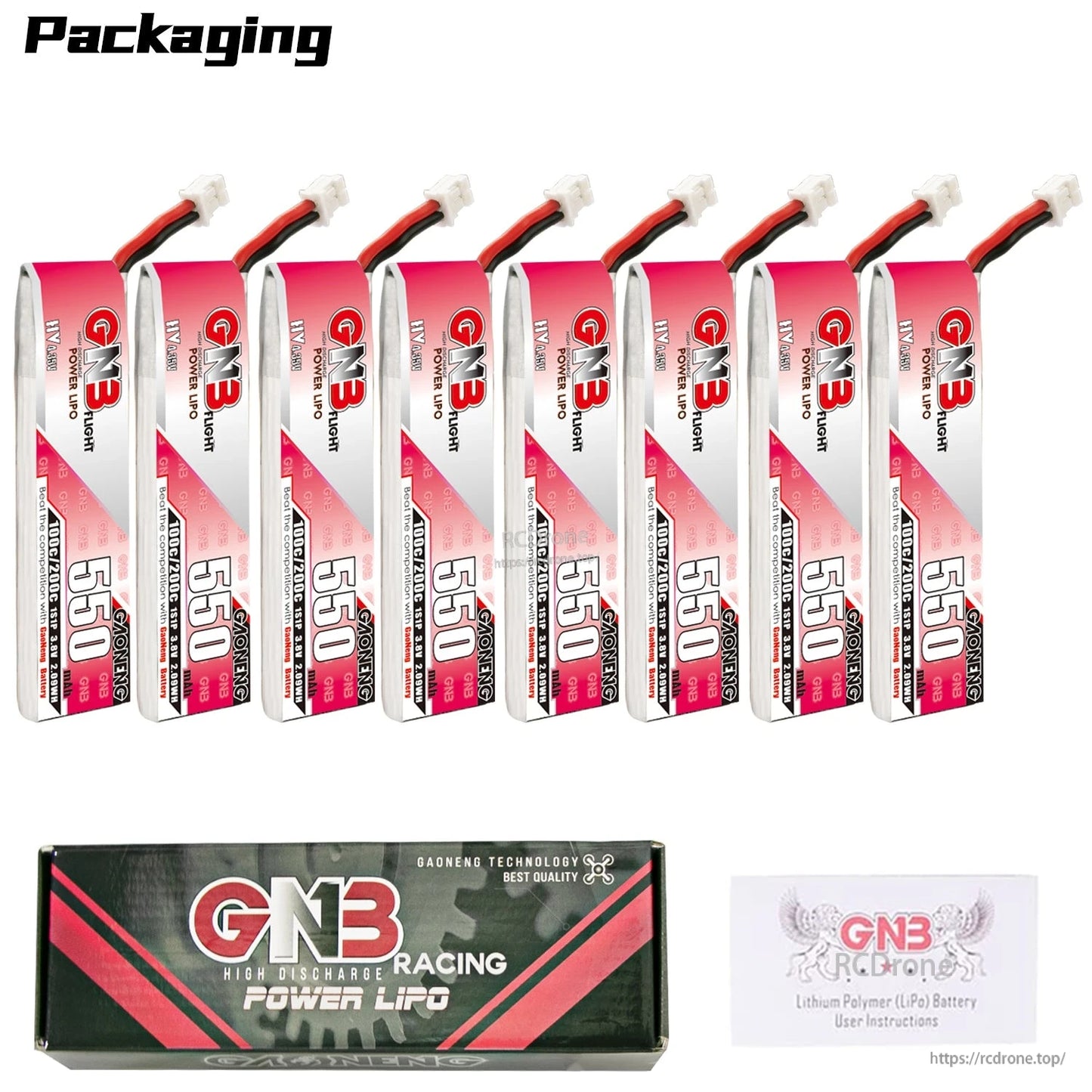 Packaging option: set of 8 GNB 550 LiHV batteries with GNB Racing Power LiPo box and manual