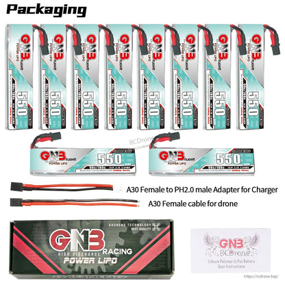 Packaging contents: ten 550 long batteries plus two horizontal battery views, adapter cable, drone cable, box