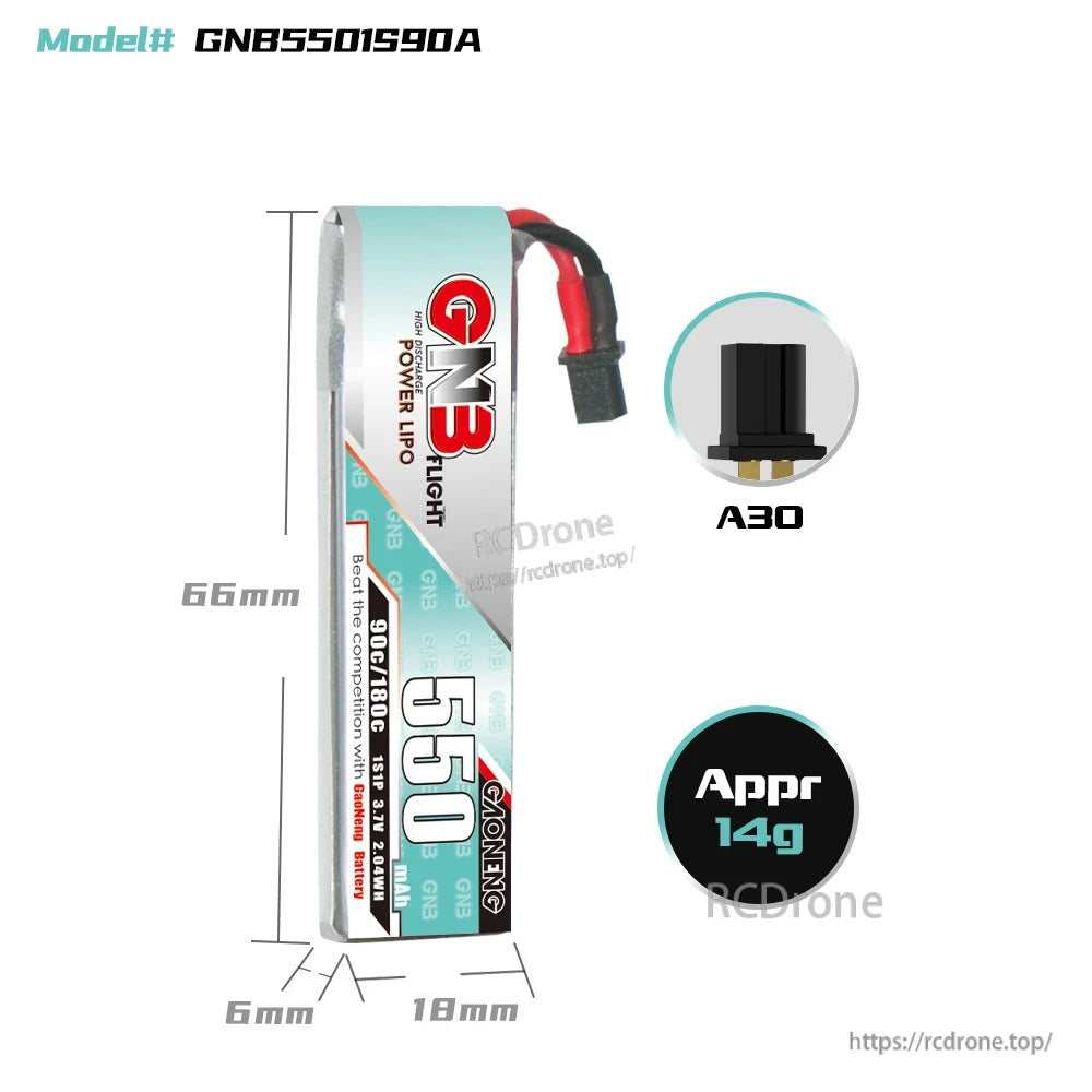 Battery dimensions diagram for GNB5501S90A showing 66mm length, 18mm width, A30 plug, approx 14g