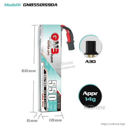 Battery dimensions diagram for GNB5501S90A showing 66mm length, 18mm width, A30 plug, approx 14g