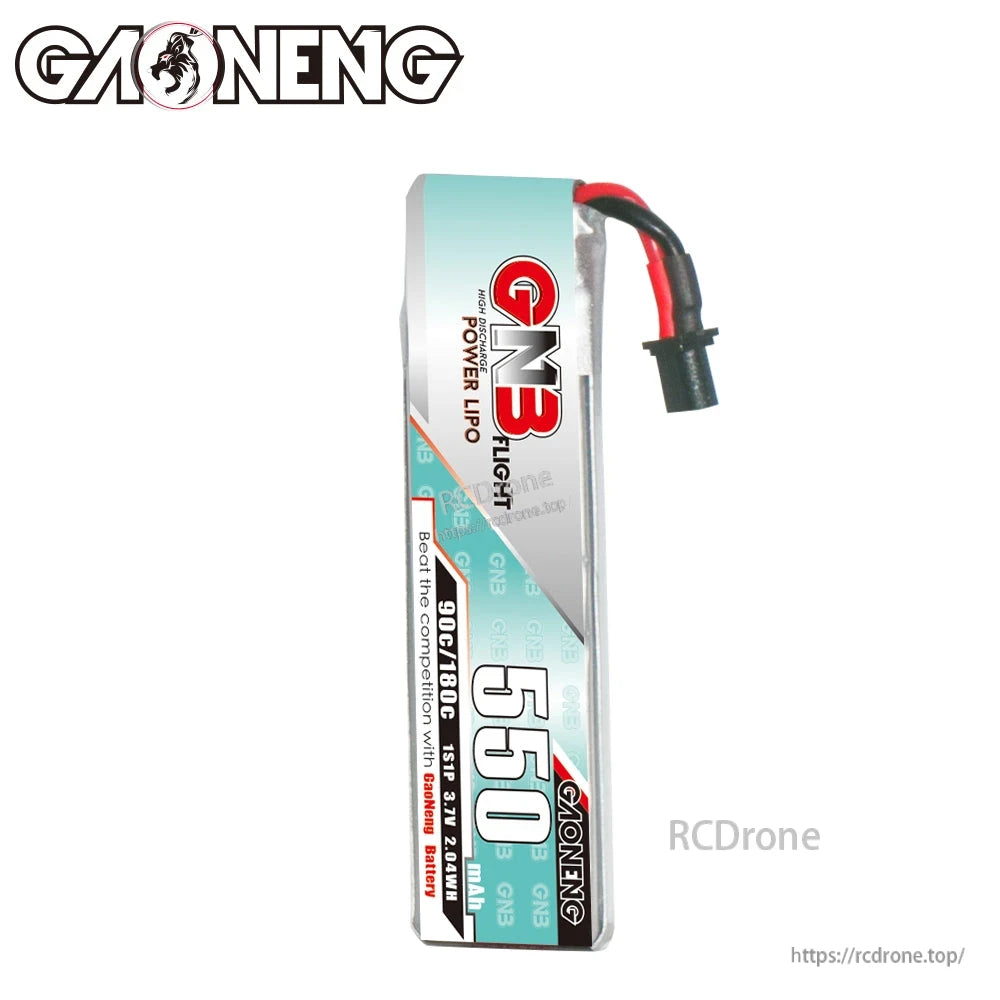 Front view of GN3 Flight 550 long LiPo pack with printed 90C/180C and A30 lead