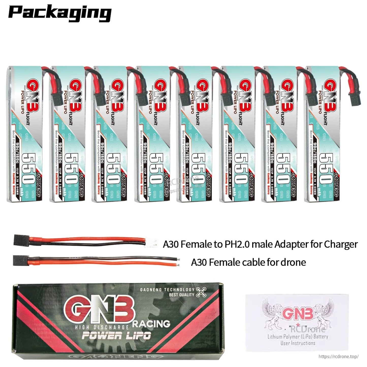 Packaging contents: eight 550 long batteries plus A30 to PH2.0 adapter, A30 drone cable, GN3 box