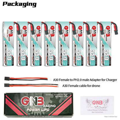 Packaging contents: eight 550 long batteries plus A30 to PH2.0 adapter, A30 drone cable, GN3 box