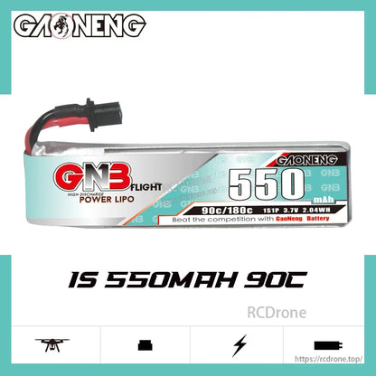 GAONENG GNB5501S90A 1S 550mAh 90C LiPo battery long type, side profile spec graphic