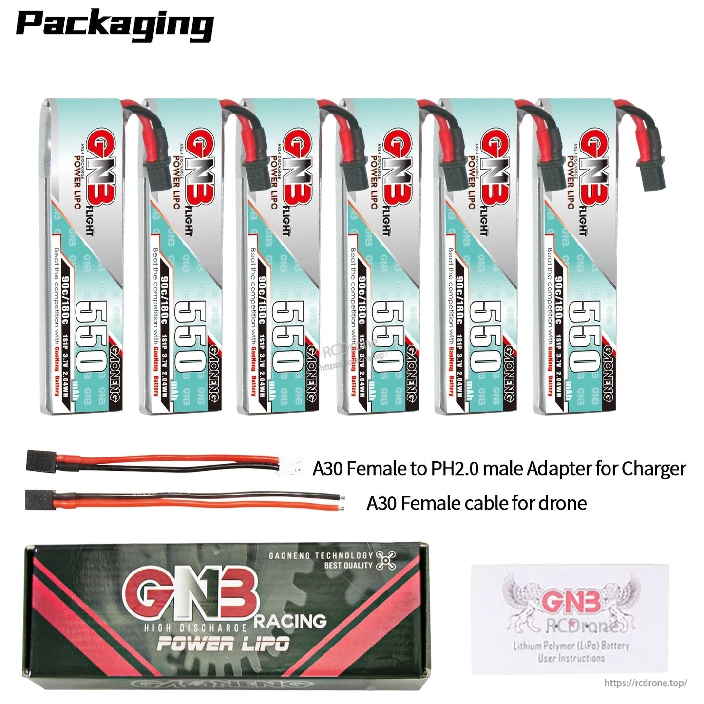 Packaging contents: six 550 long batteries with A30 leads, charger adapter cable, drone cable, box
