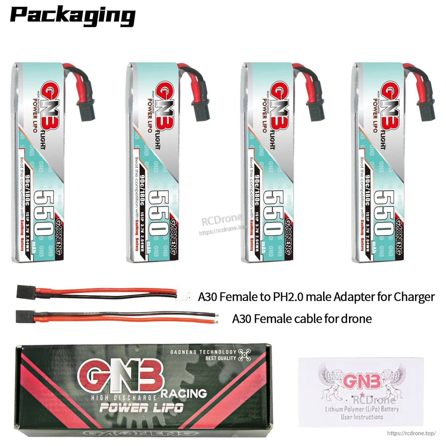 Packaging contents: four 550 long batteries, A30 to PH2.0 charger adapter, A30 drone cable, retail box