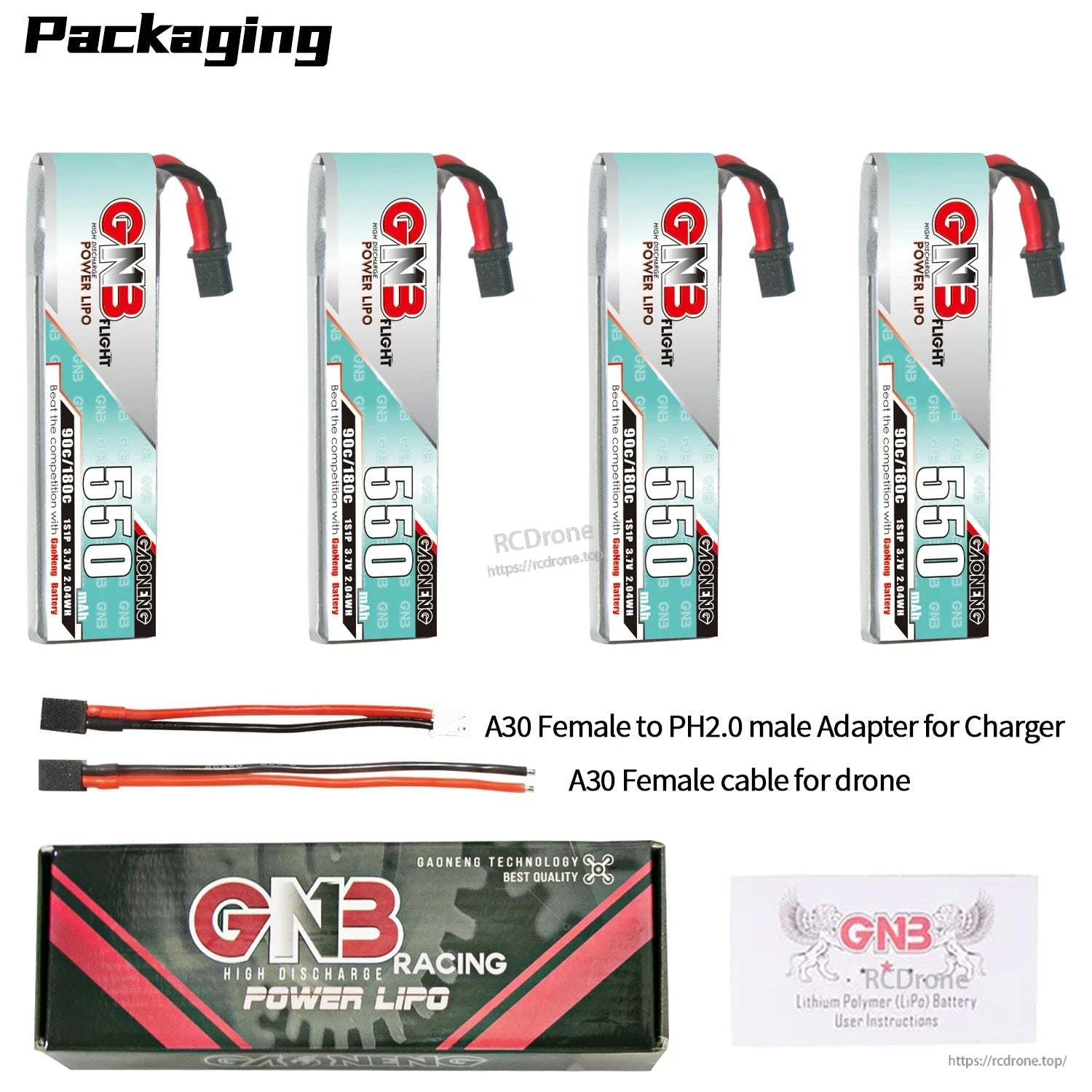 Packaging contents: four 550 long batteries, A30 to PH2.0 charger adapter, A30 drone cable, retail box