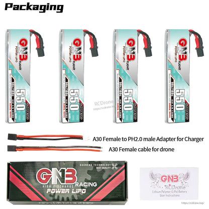 Packaging contents: four 550 long batteries, A30 to PH2.0 charger adapter, A30 drone cable, retail box