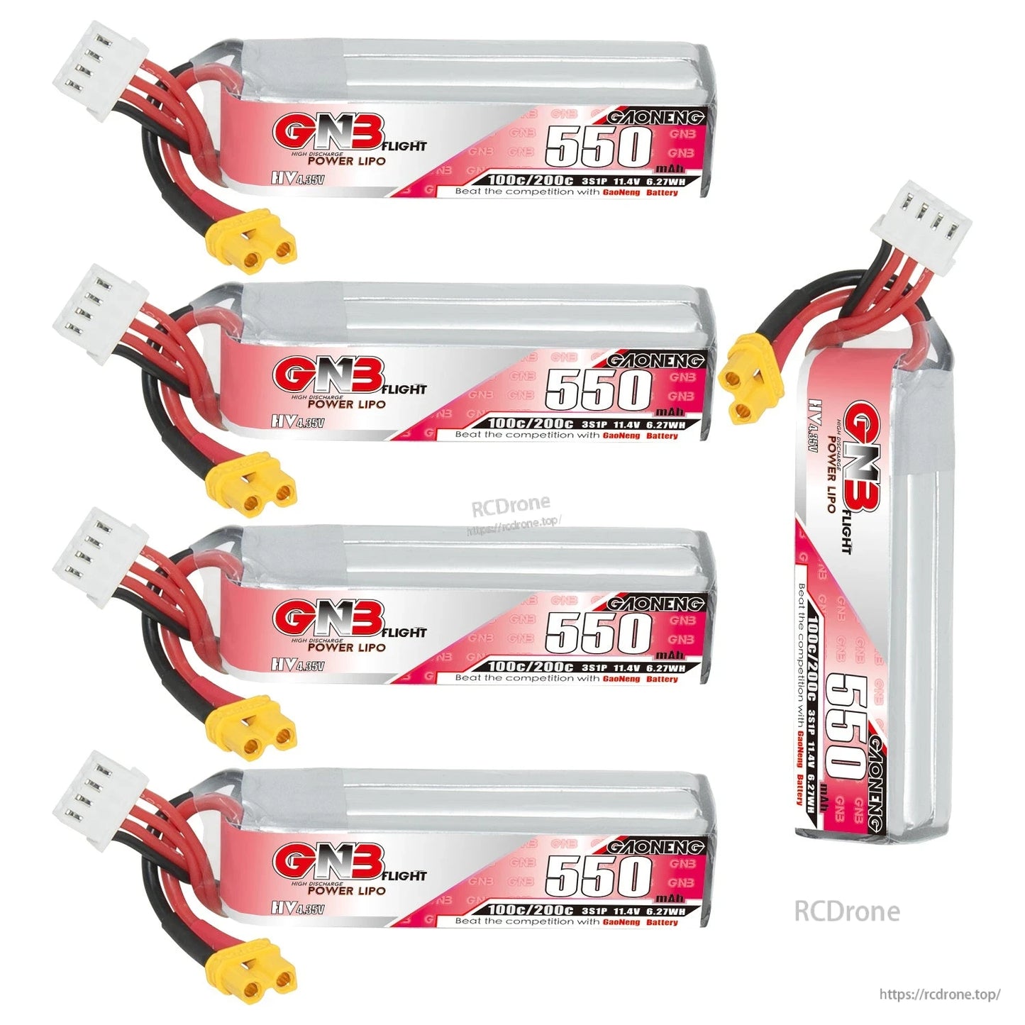 Five-battery layout: four horizontal and one vertical long-type GNB 550 LiHV packs with XT30 leads