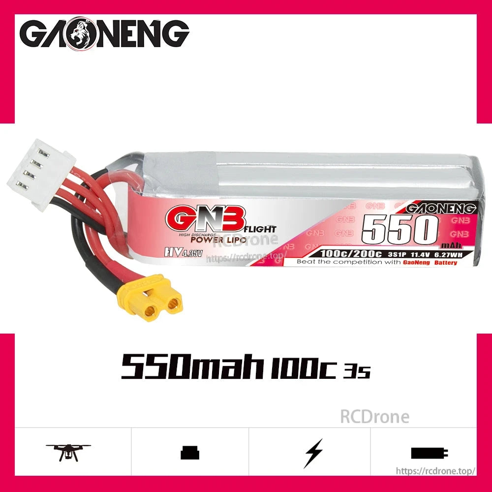 GAONENG GNB 550mAh 100C 3S LiHV battery side label shown on white background graphic