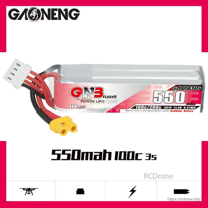 GAONENG GNB 550mAh 100C 3S LiHV battery side label shown on white background graphic