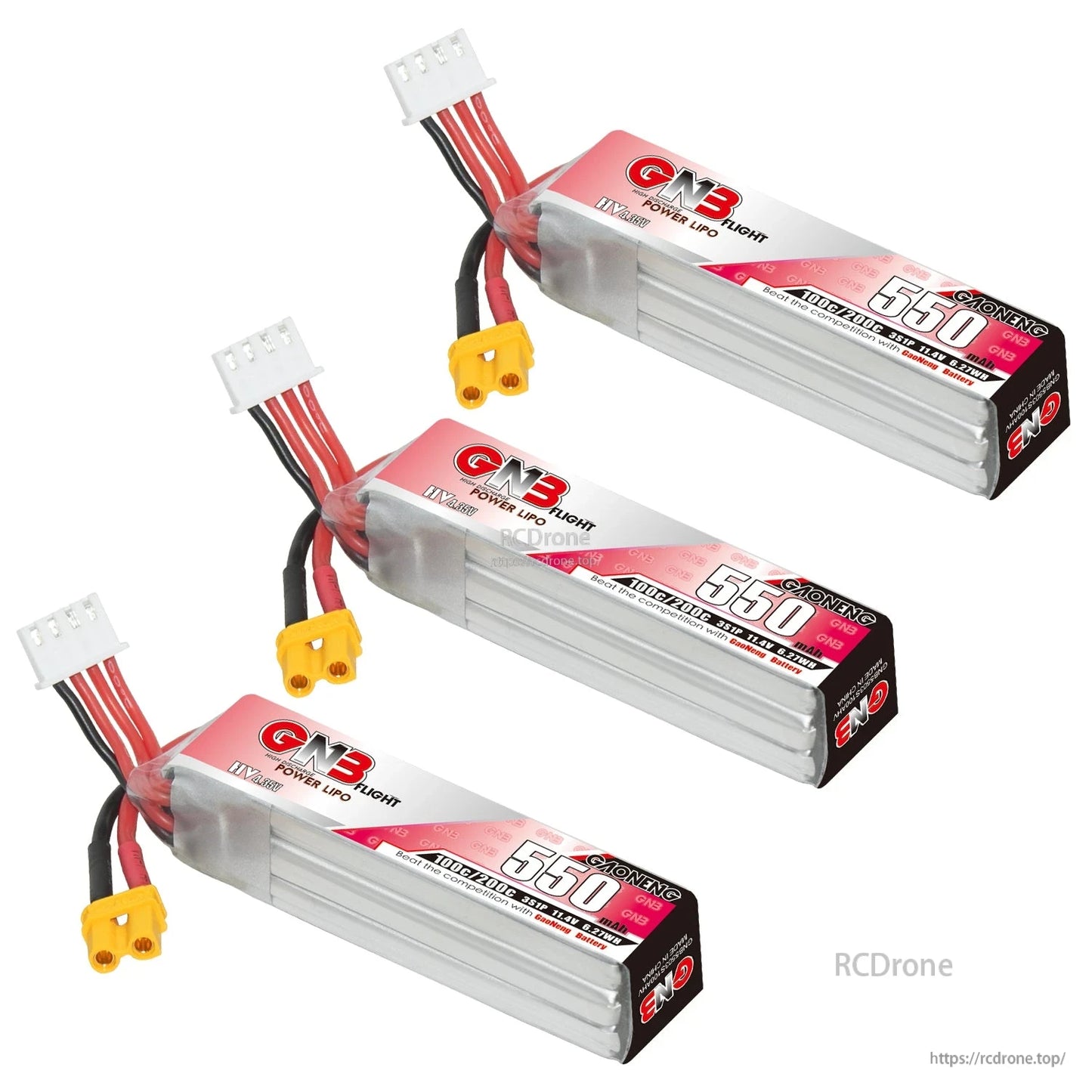 Three long-type GNB 550 LiHV batteries shown angled, each with XT30 power connector and balance lead