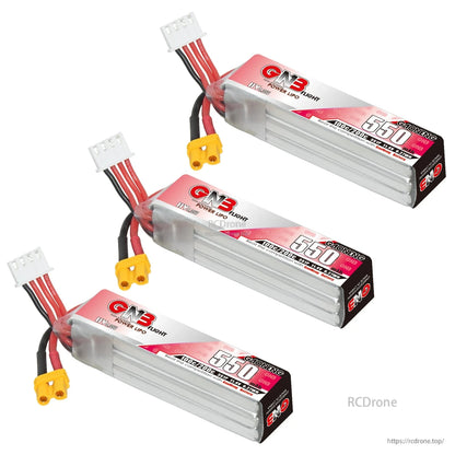 Three long-type GNB 550 LiHV batteries shown angled, each with XT30 power connector and balance lead