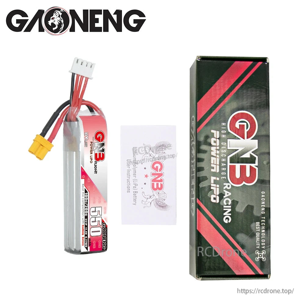 Package contents: GNB 550 battery, GN3 cardboard box, and instruction card shown together