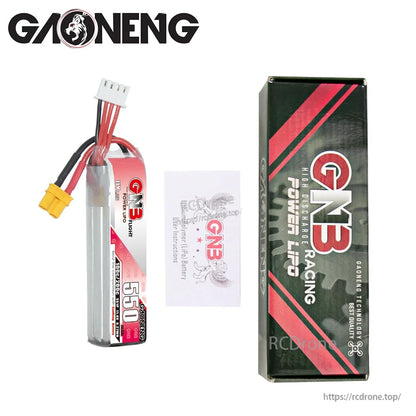 Package contents: GNB 550 battery, GN3 cardboard box, and instruction card shown together