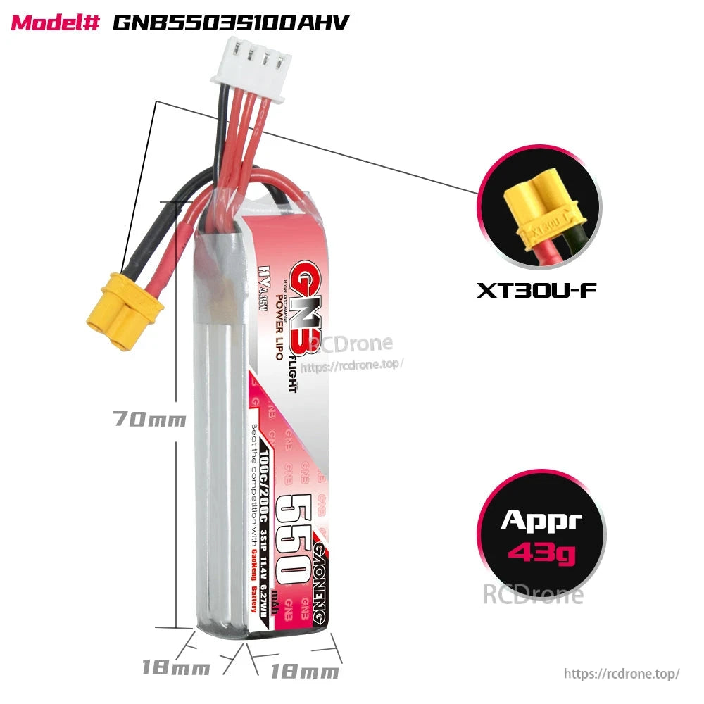 Battery size and weight diagram: 70mm length, 18mm width, XT30U-F plug, approx 43g
