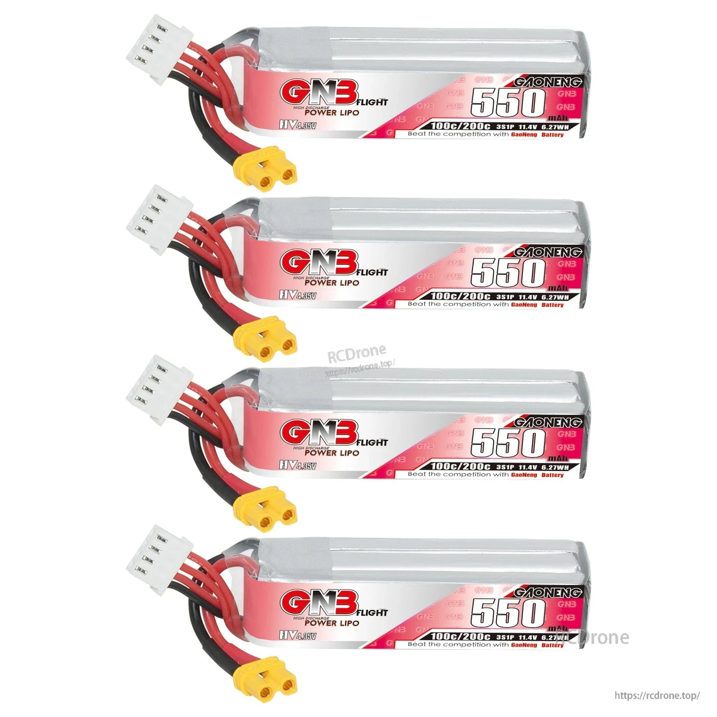 Four GNB 550 LiHV batteries laid out in a row, side label view with XT30 connectors