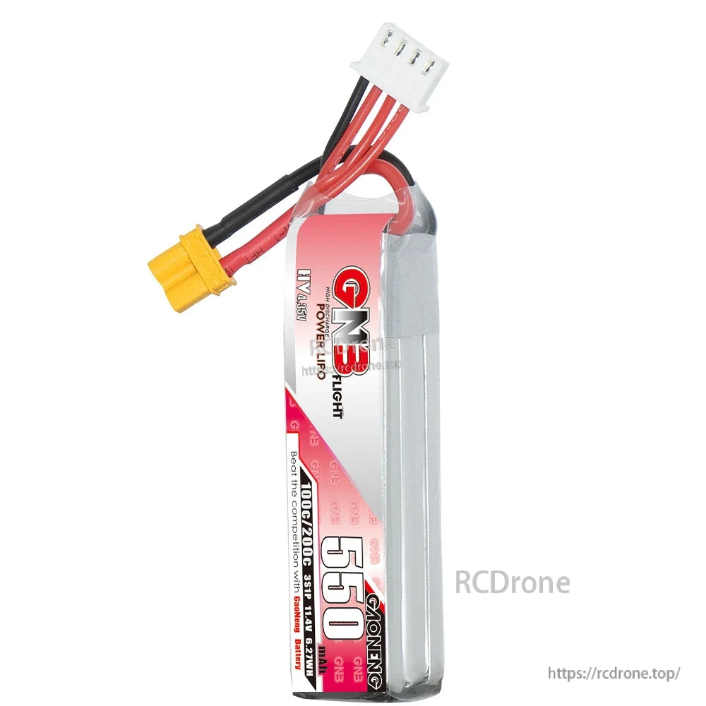 Vertical front view of long-type GNB LiHV 550 pack with XT30 connector and 4-pin balance lead