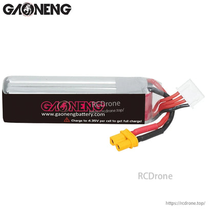 Rear view of GAONENG battery with black label and charging note, XT30 power plug and balance connector