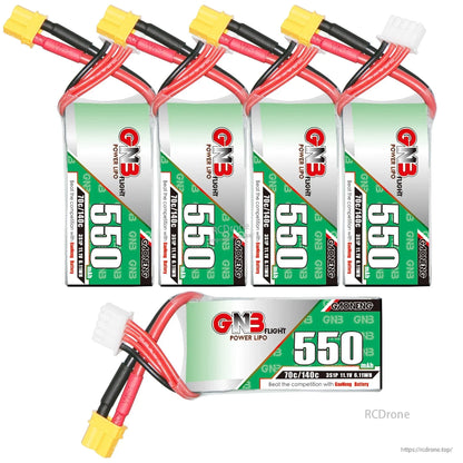 Six GNB 550mAh 3S batteries displayed together, five upright and one horizontal, with XT30 plugs