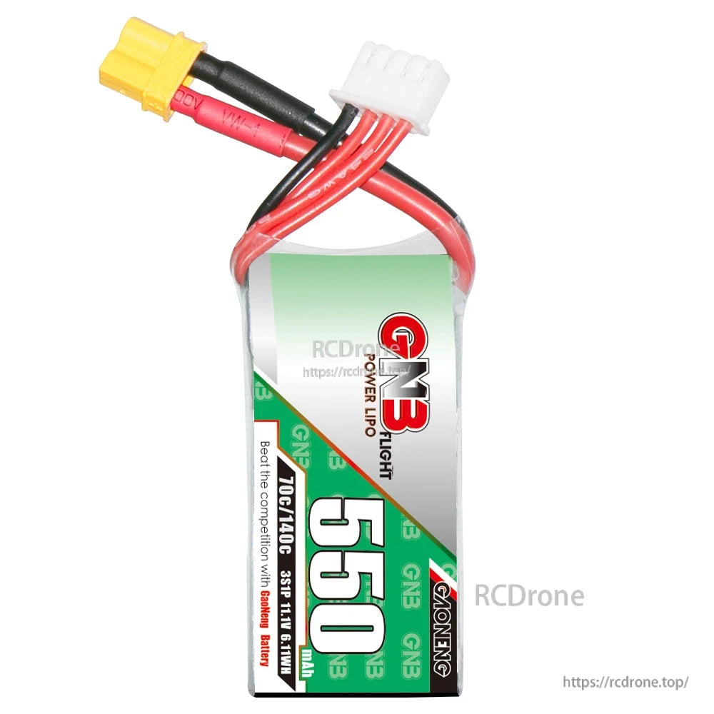 Front label close-up of GNB 550 battery showing 70C/140C rating and 3S 11.1V 6.11Wh text