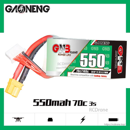 GAONENG GNB5503S70A 550mAh 70C 3S battery banner graphic with XT30 connector and balance lead