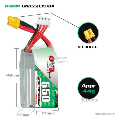GNB5503S70A size and weight diagram showing 49×25×22 mm, approx 44 g, XT30U-F connector