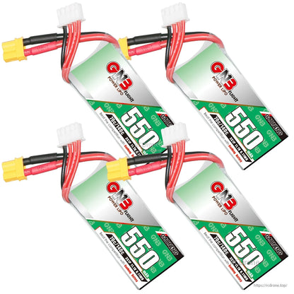 Four GAONENG GNB 550 batteries grouped together, each with XT30 connector and balance lead