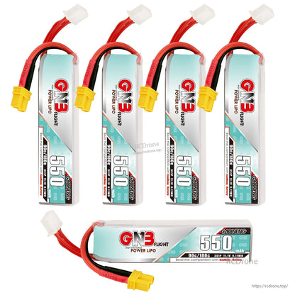 Five-piece set layout: four upright GNB 550 batteries plus one horizontal battery with XT30 lead