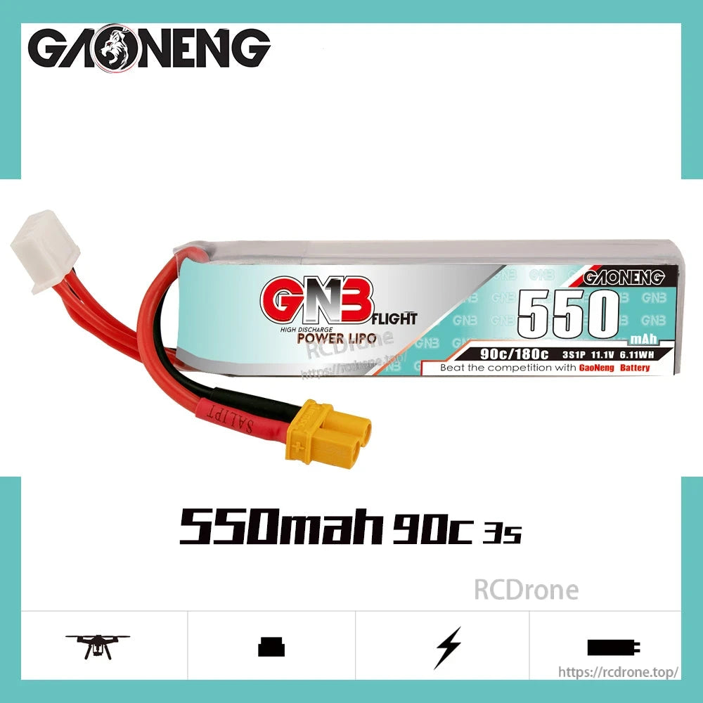 GAONENG GNB 550mAh 90C 3S 11.1V LiPo battery on graphic background, XT30 power lead visible