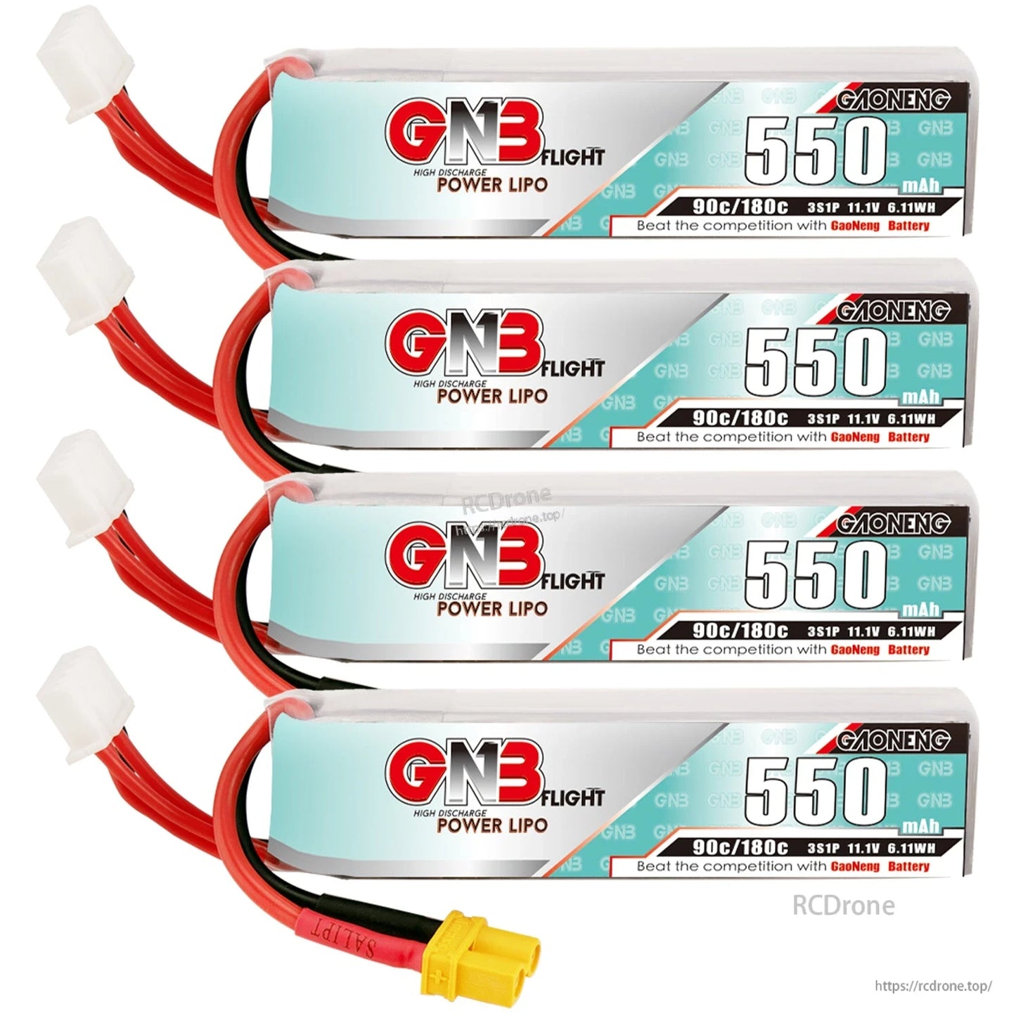 Four GNB 550mAh 3S LiPo batteries stacked horizontally with leads; XT30 connector on bottom pack