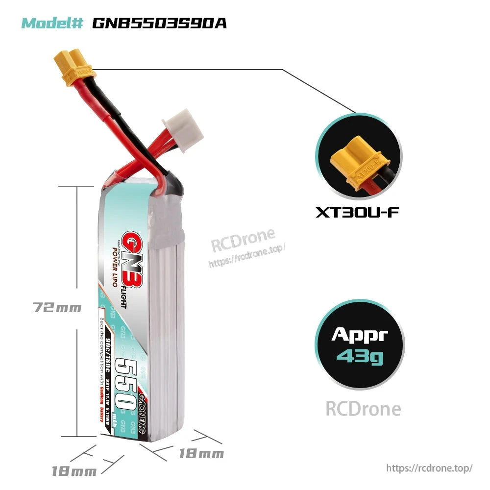 GNB5503S90A battery size chart: 72 x 18 x 18mm, approx 43g, XT30U-F connector detail