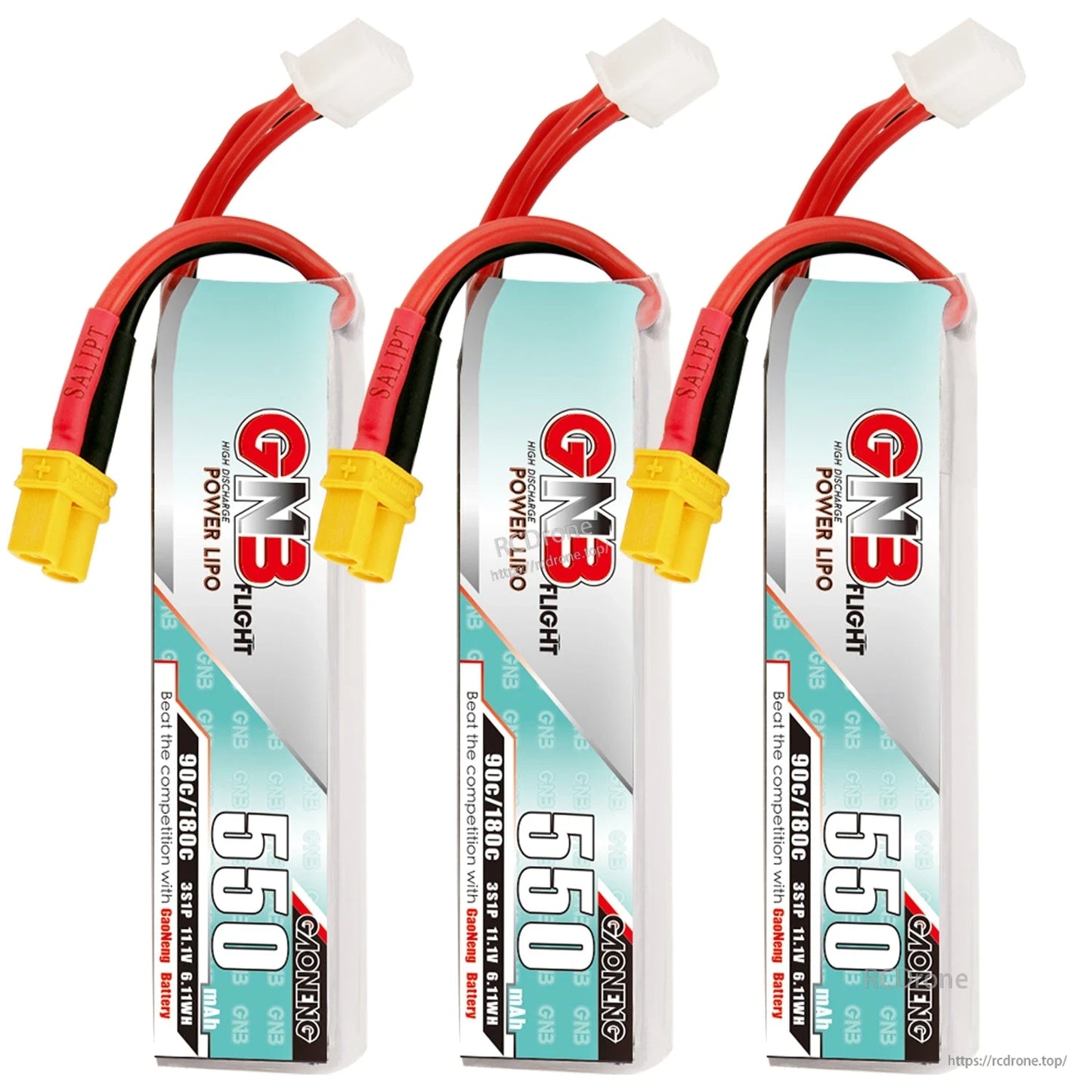 Three-pack display of GNB 550mAh long LiPo batteries with XT30 connectors and balance leads