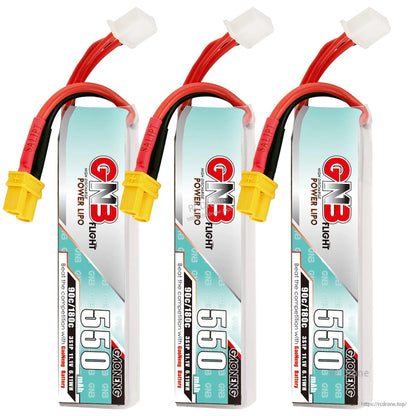Three-pack display of GNB 550mAh long LiPo batteries with XT30 connectors and balance leads