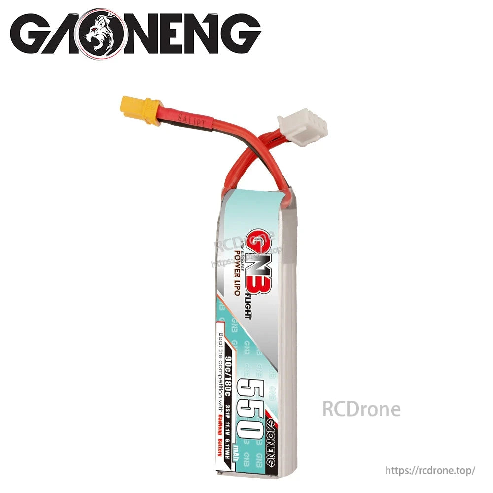 Vertical front view of GNB 550 long-type LiPo battery with XT30 connector and balance plug