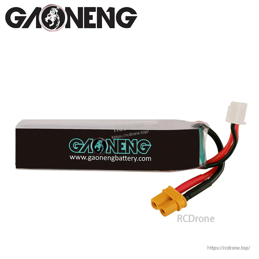 Rear view showing GAONENG branding strip and attached XT30 plug with balance connector