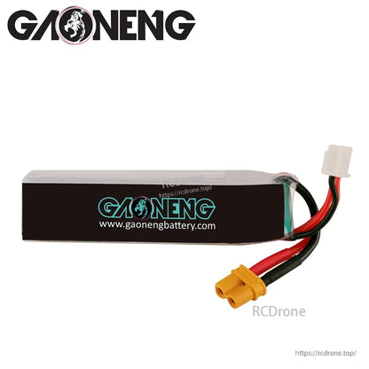 Rear view showing GAONENG branding strip and attached XT30 plug with balance connector