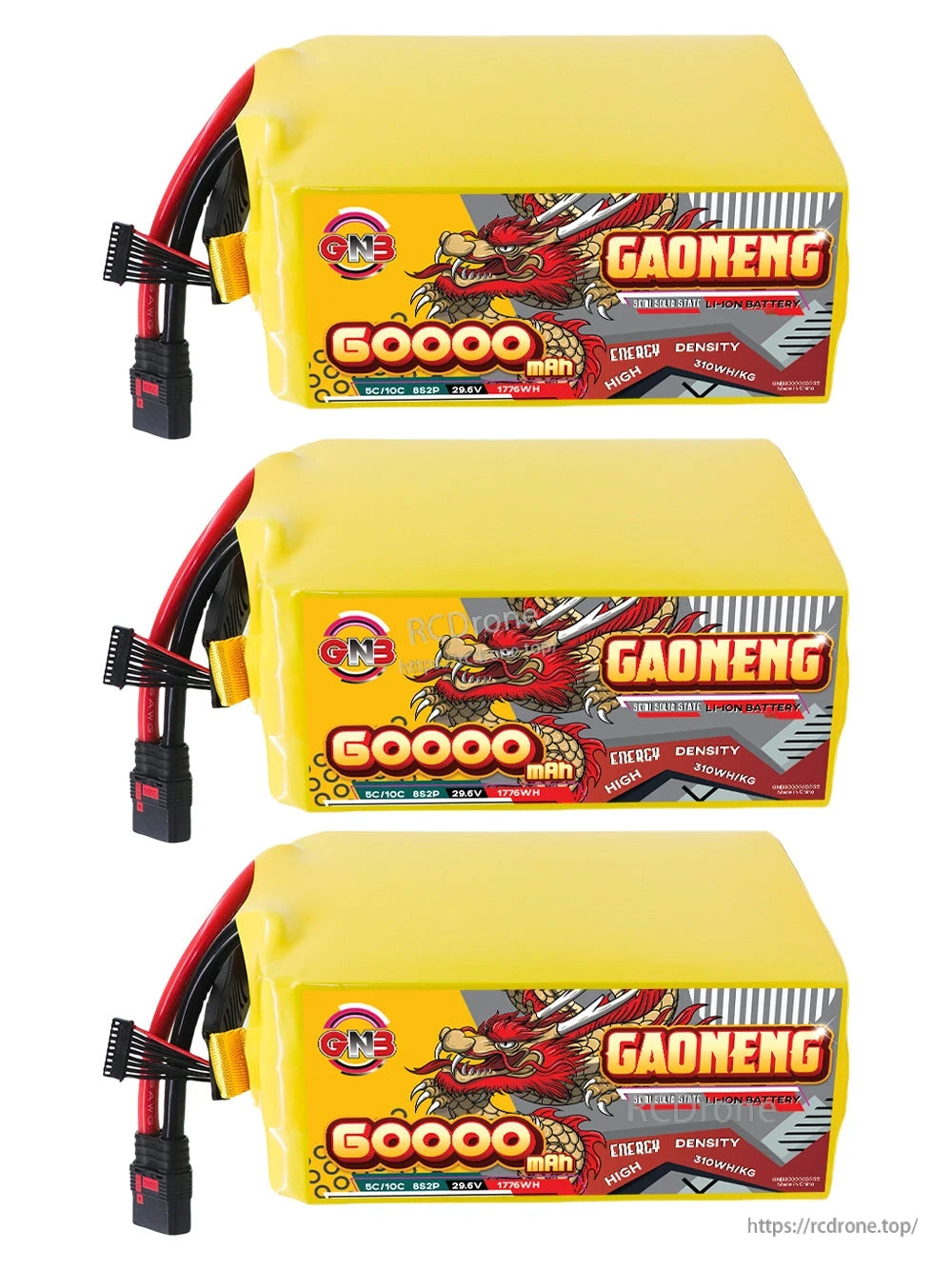 Three GAONENG 60000mAh battery packs stacked horizontally, side label and wire exit view