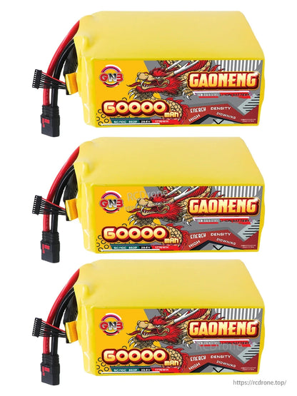 Three GAONENG 60000mAh battery packs stacked horizontally, side label and wire exit view