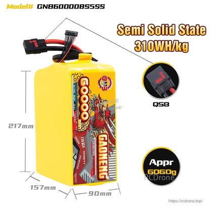 Dimension diagram of GNB600008S5SS battery showing size and QS8 connector callout