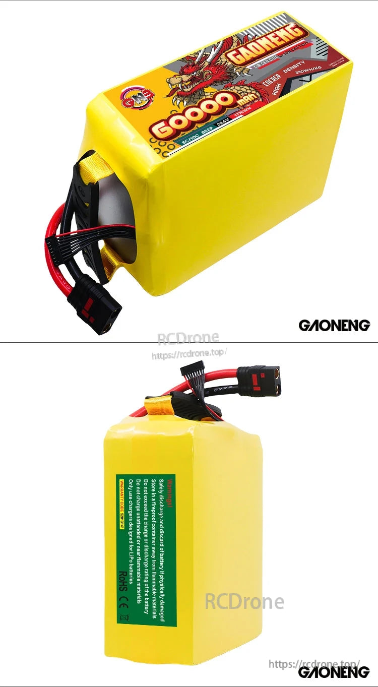 Two-angle collage showing front label and rear safety label of the yellow battery pack