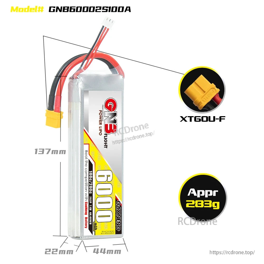 GNB60002S100A LiPo battery size diagram 137×44×22mm with XT60U-F connector and approx weight 283g