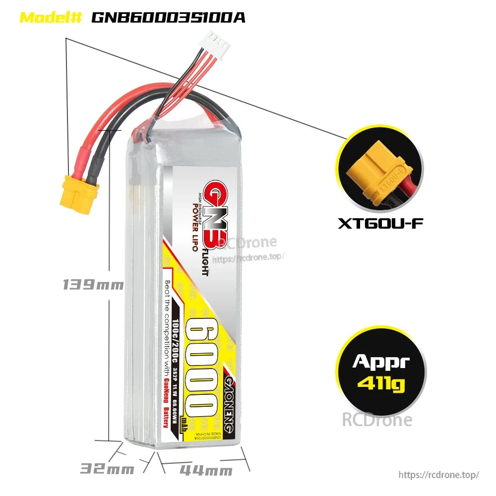 GNB60003S100A battery dimensions diagram with XT60U-F connector close-up and approx 411g weight