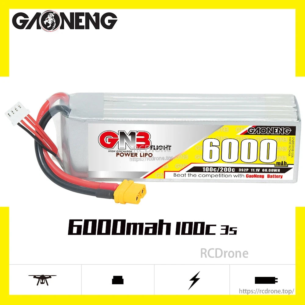 GAONENG GNB 3S 6000mAh 100C LiPo battery graphic showing side label and connector leads