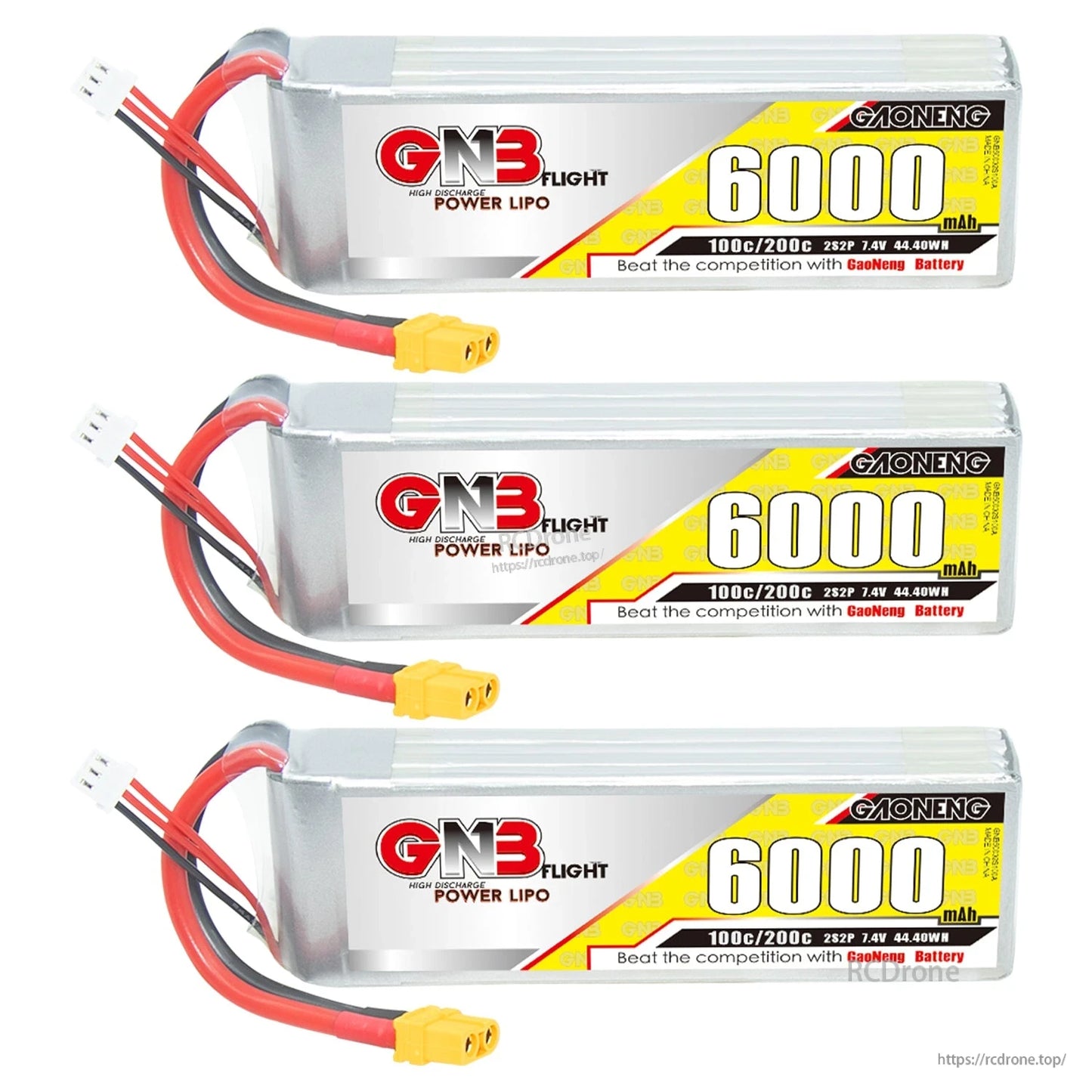 Three GNB 6000mAh LiPo batteries lined up, each with XT60 connector and white balance plug