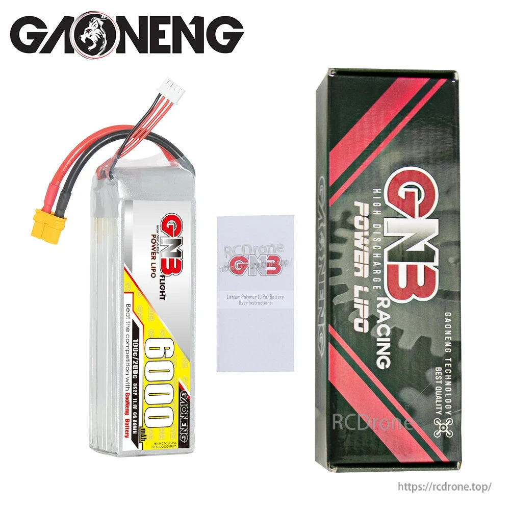 Package contents: GNB 6000mAh LiPo battery, instruction leaflet, and GNB retail box